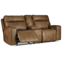 Signature Design By Ashley Game Plan Contemporary Tufted Leather Power Reclining Loveseat With Console And Adjustable Headrest, Light Brown
