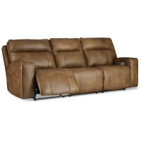 Signature Design By Ashley Game Plan Contemporary Tufted Leather Power Reclining Sofa With Adjustable Headrest, Light Brown