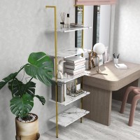 Cavoba Modern Ladder Shelf, 5-Tier Open Wall-Mounted Bookshelf, Plant Flower Stand Utility Organizer Bookcase (Gold/White)