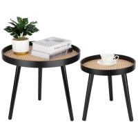 Rattan Round Side Table, Black Small End Table, Accent Table, Modern Boho Bedside Table, Mid-Century Patio Side Table, End Tables For Living Room Bedroom Office Balcony
