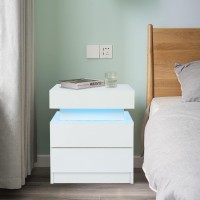 Goujxcy Led Nightstand Led Bedside Table With 2 Drawers Wooden Cabinet With Led Lights For Bedroom End Table Side Table For Bedroom Living Room (White-Led)