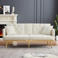 Dainncn Velvet Loveseat Futon Sofa Bed Couch With 2 Pillows And Storage Pockets,Cup Holders,Adjustable Backrest,Gold Legs-White