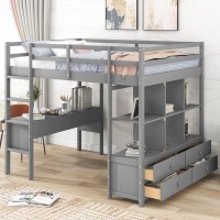 Runna Versatile Full Size Loft Bed With Built-In Desk And 2 Drawers,Solid Wood Loft Bed With Storage Shelves,Guardrail And Built In Ladder,For Kids Teens Adults Use (GrayT)