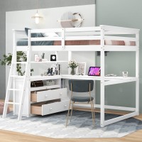 Runna Elegant Full Size Loft Bed With Desk And 2 Built-In Drawers,Solid Wood Loft Bed With Storage Shelves,Guardrail And Ladder,For Kids Boys Girls Teens (WhiteR)