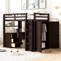 Runna Multifunctional Twin Size Loft Bed With 3 Built-In Drawers And Desk,Solid Wood Loft Bed With Wardrobe,Guardrail And Ladder,For Kids Teens Adults (EspressoQ)
