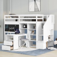 Runna Unique Twin Size Loft Bed With Pullable Desk And Storage Shelves,Solid Wood Loft Bed With Blackboard,Staircase And Safeguard Railings,For Kids Teens Adults (WhiteY)
