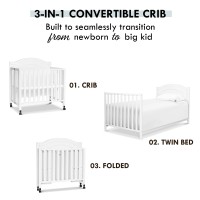 Davinci Charlie Folding Portable 3-In-1 Convertible Mini Crib And Twin Bed In White, Removable Wheels, Greenguard Gold Certified