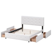 Reinof Upholstered Platform Bed With Classic Headboard And 4 Drawers, No Box Spring Needed, Linen Fabric, Maximized Space,Queen Size,Perfect For Those Who Have Lots Of Visitors. (White)