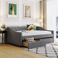 Upholstered Daybed With Two Storage Drawers, Full Size Sofa Bed Tufted Daybed Frame With Button Back, Nailhead Trim And Wood Slat Support For Bedroom, Living Room, No Box Spring Needed, Gray