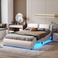 Cnanxu Full Size Upholstered Faux Leather Platform Bed With Led Light Headboard, Full Platform Bed Frame For Bedroom, Guest Room W/Slats And Under-Bed Storage Space (White, Full)