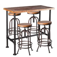 Bokkolik Industrial Pipe Design Bar Table(41.3Inch H) And Set Of 4 Vintage Bar Stools 26-32Inch Height Adjustable Home Kitchen Bar Set For Office Coffee House Pub