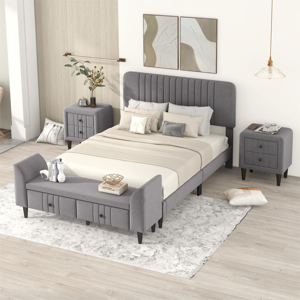 Kisyapoo 4-Pieces Bedroom Sets, Full Size Upholstered Platform Bed With 2 Nightstands & Storage Benches, Solid Wood Upholstered Platform Bed Frame For Teens Adults Bedroom (4-Pieces+Gray+Full)
