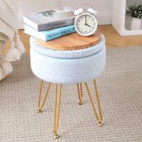 Cpintltr Footrest Footstools Round Velvet Ottoman With Storage Space Soft Vanity Chair With Memory Foam Seat Small Side Table Hallway Step Stool 4 Gold Metal Legs With Adjustable Footings Light Blue -