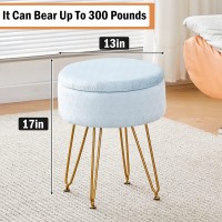 Cpintltr Footrest Footstools Round Velvet Ottoman With Storage Space Soft Vanity Chair With Memory Foam Seat Small Side Table Hallway Step Stool 4 Gold Metal Legs With Adjustable Footings Light Blue -