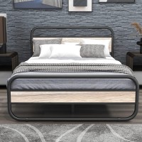 Albearing Metal Full Size Bed Frame With Wooden Headboard And Footboard, Heavy Duty Oval-Shaped Platform Bed With Under-Bed Storage, Steel Slats Mattress Foundation Round Pipe Design,Black+Oak