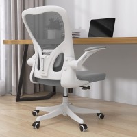 Monhey Office Chair - Ergonomic Office Chair With Lumbar Support & Flip Up Arms Home Office Desk Chairs Rockable Swivel High Back Computer Chair White Frame Grey Mesh Study Chair