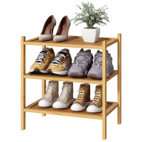 Kiplant Small Shoe Rack, Bamboo Wood Shoe Rack For Entryway, Stackable | Foldable | Natural, 3-Tier Shoe Organizer For Hallway Closet, Free Standing Shoe Racks For Indoor & Outdoor