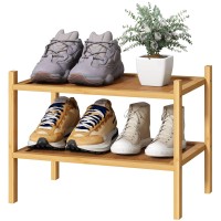 Kiplant Small Shoe Rack, 2-Tier Bamboo Wood Shoe Rack For Entryway, Stackable Shoe Organizer For Hallway Closet, Free Standing Shoe Racks For Indoor & Outdoor