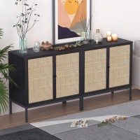 Xiao Wei Set Of 2 Sideboard With Handmade Natural Rattan Doors, Rattan Cabinet Console Table Storage Cabinet Buffet Cabinet, For Kitchen, Living Room, Hallway, Entryway, Black