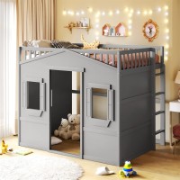 I-Pook Full Size Loft Bed House Loft Bed With Window And Wall Solid Wood Playhouse Bed Frame With Ladder And Guardrails For Kids Boys Girls Teens, No Box Spring Needed, Gray