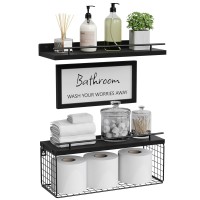 Wopitues Floating Shelves With Bathroom Wall D?Cor Sign,Wood Floating Bathroom Shelves Over Toilet With Toilet Paper Storage Basket Set Of 3, Rustic Floating Shelf With Guardrail For Wall D?Cor-Black