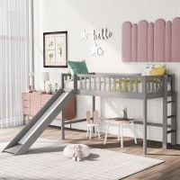 Merax Twin Size Wood Low Loft Bed Frame With Slide For Kids Girls Boys,Full Length Guardrails Gray