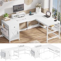 Sedeta L Shaped Computer Desk, Convertible 86.6 Home Office Desk Or Corner Desk, Office Desk With Drawer, Power Strip, Storage Cabinet & Storage Bag, White