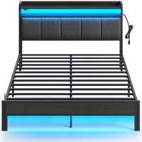 Rolanstar Bed Frame Queen Size With Charging Station And Led Lights, Upholstered Headboard With Storage Shelves, Heavy Duty Metal Slats, No Box Spring Need, Noise Free, Easy Assembly, Dark Grey