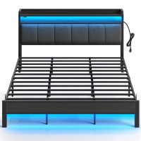 Rolanstar Bed Frame King Size With Charging Station And Led Lights, Upholstered Headboard With Storage Shelves, Heavy Duty Metal Slats, No Box Spring Need, Noise Free, Easy Assembly, Dark Grey