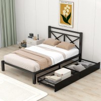 Cjlmn Platform Bed With Storage Drawers And X-Shaped Design Headboard, Twin Size Metal Bed Frame With Slats And Extra Legs, For Bedroom Furniture