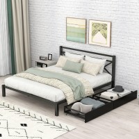 Qvuuou Queen Size Platform Bed With 2 Storage Drawers, Bedroom Furniture Metal Bed Frame With X-Shaped Design Headboard, Slats And Extra Legs