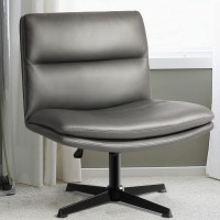 Lemberi Pu Leather Padded Desk Chair No Wheels, Armless Wide Swivel Home Office Desk Chair,120?Rocking Mid Back Ergonomic Computer Task Vanity Chair For Home Office, Make Up,Small Space,Grey