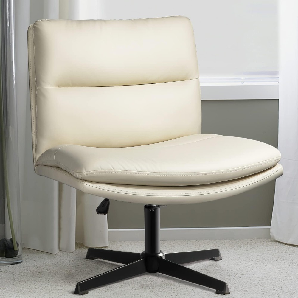 Lemberi Pu Leather Padded Desk Chair No Wheels, Armless Wide Swivel Home Office Desk Chair,120?Rocking Mid Back Ergonomic Computer Task Vanity Chair For Home Office, Make Up,Small Space,Beige