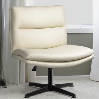 Lemberi Pu Leather Padded Desk Chair No Wheels, Armless Wide Swivel Home Office Desk Chair,120?Rocking Mid Back Ergonomic Computer Task Vanity Chair For Home Office, Make Up,Small Space,Beige