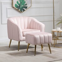 Velvet Modern Tub Barrel Arm Chair With Ottoman Upholstered Tufted Accent Chair Reading Chair With Ottoman Footrest Makeup Chair Club Chair With Gold Metal Legs For Living Reading Room Bedroom Pink