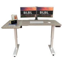 Bilbil L-Shaped Electric Height Adjustable Standing Desk 59 Inches, Stand Up Rising Table For Home Office With Splice Board, White Frame And Oak Top