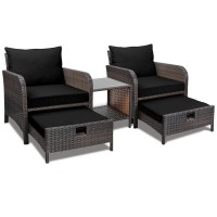 Leveleve Balcony Furniture 5 Piece Patio Conversation Set, Pe Wicker Rattan Outdoor Lounge Chairs With Soft Cushions 2 Ottoman&Glass Table For Porch, Lawn-Brown Wicker