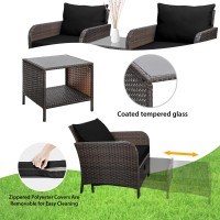 Leveleve Balcony Furniture 5 Piece Patio Conversation Set, Pe Wicker Rattan Outdoor Lounge Chairs With Soft Cushions 2 Ottoman&Glass Table For Porch, Lawn-Brown Wicker