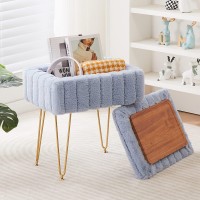 Wimarsbon Faux Mink Fur Storage Ottoman, Modern Soft Footstool, Storage Bench With Metal Legs, Vanity Seat, Fur Stool, Ottoman Coffee Table, Makeup Chair, Vanity Stools For Bedroom (Light Blue)