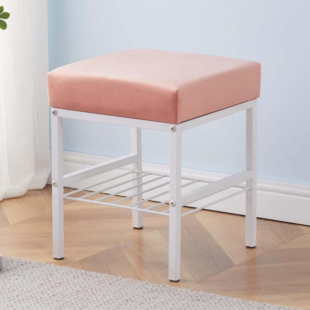 Cpintltr Vanity Stool Foot Stools Velvet Ottoman Stool Square Ottoman Bench Modern Dressing Stool Small Stool Side Table Footstool With Metal Leg Vanity Stool For Bathroom Living Room Blush