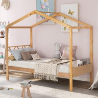 I-Pook House Platform Bed With Roof, Solid Wood Twin Size Platform Bed Frame With X-Shaped Headboard And Storage Footboard Low Platform Bed Playhouse Bed For Boys Girls No Box Spring Needed, Natural