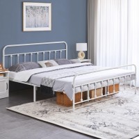 Topeakmart King Size Victorian Style Metal Bed Frame With Headboard/Mattress Foundation/No Box Spring Needed/Under Bed Storage/Strong Slat Support White