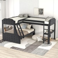 L-Shaped Triple Bunk Beds, Twin Over Full Bunk Bed And Twin Size Loft Bed With Button-Tufted Headboard And Footboard Wood Bedroom Triple Bedframe With Desk And Stairway For Kids Teens Adults, Black