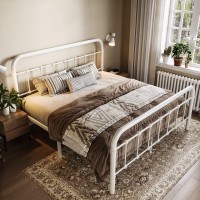 Allewie Queen Size Metal Platform Bed Frame With Victorian Style Wrought Iron-Art Headboard/Footboard, No Box Spring Required,White