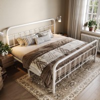 Allewie King Size Metal Platform Bed Frame With Victorian Style Wrought Iron-Art Headboard/Footboard, No Box Spring Required,White