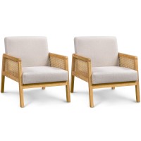 Yaheetech Rattan Accent Chair, Armchair With Wood Armrest And Wood Legs, Mid Century Modern Living Room Chair Linen Comfy Lounge Chair For Bedroom Hosting Room Reading Room, Set Of 2, Beige