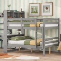 Triple Tree Bunk Bed With Bookcase Headboard, Full Over Full Solid Wood Bunk Bed Frame With Safety Rail And Ladder For Bedroom, Guest Room Furniture, Can Be Converted Into 2 Beds, Gray