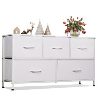 Wlive Dresser For Bedroom With 5 Drawers, Wide Chest Of Drawers, Fabric Dresser, Storage Organization Unit With Fabric Bins For Closet, Living Room, Hallway, White