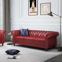 Qhitty Accent Large Sofa Chesterfield Couch 3 Seater Modern Leather Couch Upholstered Sofa With Tufted Back For Living Room Furniture (Burgundy)