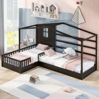 Triple Tree Twin Size L Structure House Bed, Twin Solid Wood Bed With Fence And Slatted Frame For 2 People, Platform Bed Frame For Children Teens Aldults Bedroom, No Box Spring Needed, Grey